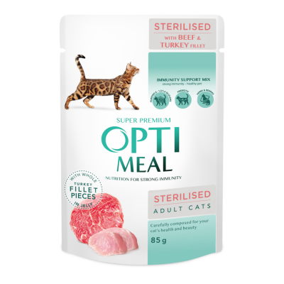 Консервований корм - Вологий корм Optimeal для стерилізованих кішок та кастрованих котів з яловичиною та індичим філе у желе