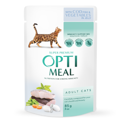 Консервований корм - Вологий корм Optimeal для дорослих котів з тріскою та овочами в желе