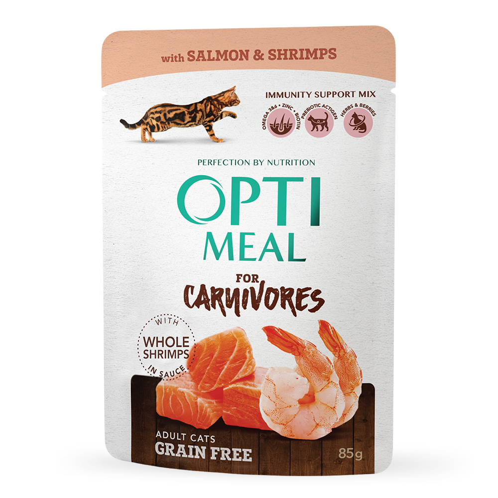 Консервований корм - Беззерновий вологий корм Optimeal для дорослих котів з лососем та креветками в соусі